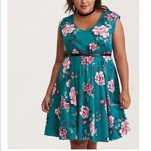TURQUOISE FLORAL CHALLIS SKATER DRESS W/O BELT